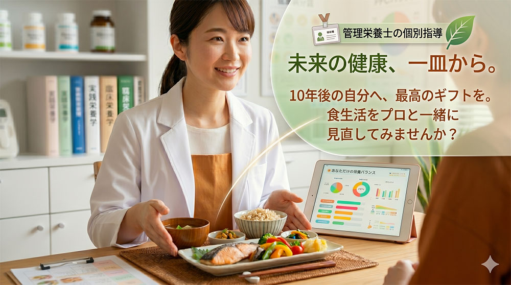 未来の健康、一皿から。10年後の自分へ、最高のギフトを。食生活をプロと一緒に見直してみませんか？